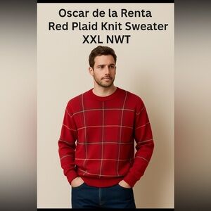 Oscar de la Renta Red Plaid Knit Sweater XXL NWT